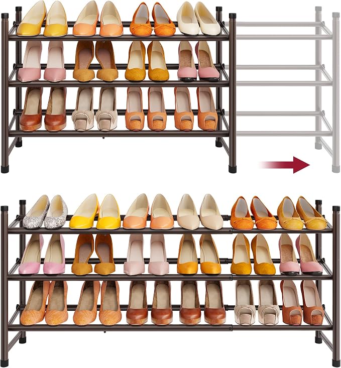 Expandable Shoe Rack for Closet 3 Tier, 28“-41“Stackable, Bronze | Adjustable Shoe Organizer Closet Shoe Rack Floor, Metal Long Shoe Shelf Storage for Entryway, Garage, Front Door Entrance
