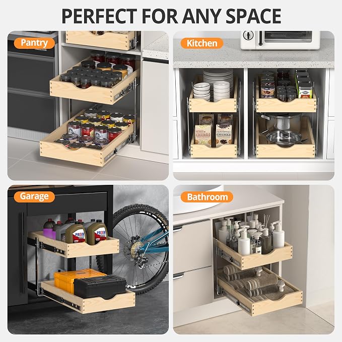21" Deep 2-Tier Pull Out Cabinet Organizer - Wood Pull Out Drawers | Slide Out Shelves, Full-Extension, Ball-Bearing Slides, 3 Adjustable Heights (2-Tier, 14''W X 21''D Overall)