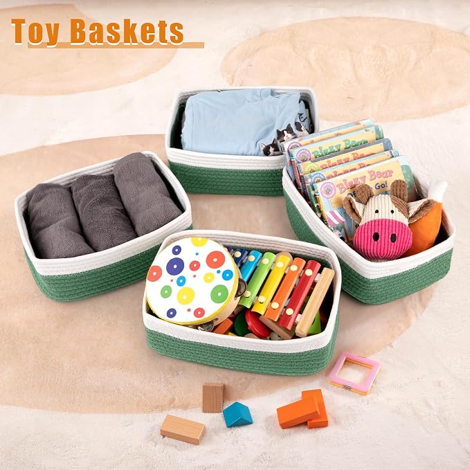 OIAHOMY 4 Pack Storage Baskets for Organizing, Small Bins for Shelves, Cute Decorative Storage Bins, Organizer Baskets for Gifts Empty, 11.8''Lx7.8''Wx4.7''H, Green/White