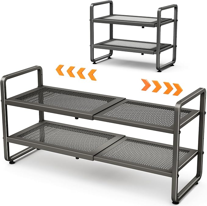 SNTD Shoe Rack - Expandable Shoe Organizer for Closet, Adjustable Metal Shoe Shelf Storage, Stackable Long Shoe Stand Holder for Garage, Entryway, Door Entrance (Grey, 2-Tier)