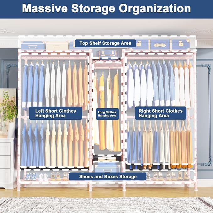 E12 Pro Clothes Rack，Heavy Duty Freestanding Garment Rack with Shelves，Metal Clothing Closet Storage System for Hanging Clothes，71" W x 16" D x 76.5" H, Hold 960 lbs，Pink