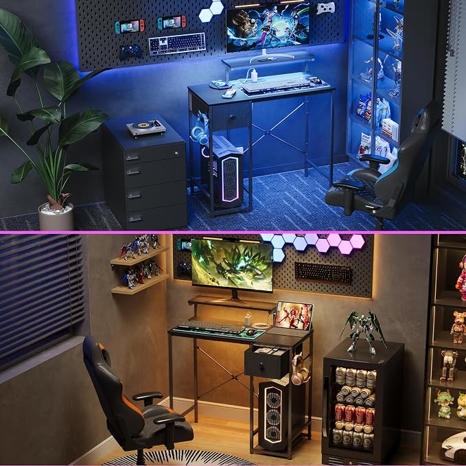 X-cosrack 33.5" Small Gaming Desk with LED Lights & Power Outlets, Compact Computer Desk with Monitor Stand & CPU Stand, Gamer Table with Storage Drawer, Side Hooks for Home Office, Bedroom, Black