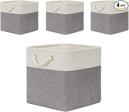 Temary Fabric Baskets 13 Inch Cube Storage Baskets with Rope Handle, Storage Cube Bins Clothes Basket for Gift, Large Storage Bins for Storage Books, Blankets (White&Gray)