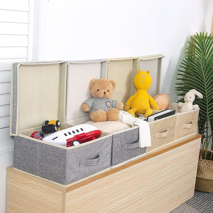 Storage Bins with Lid, Foldable Clothing Storage Box case with Handle for Closet, Bedroom, Home, Gray+Apricot, 13L x 12.5W x 7H inch