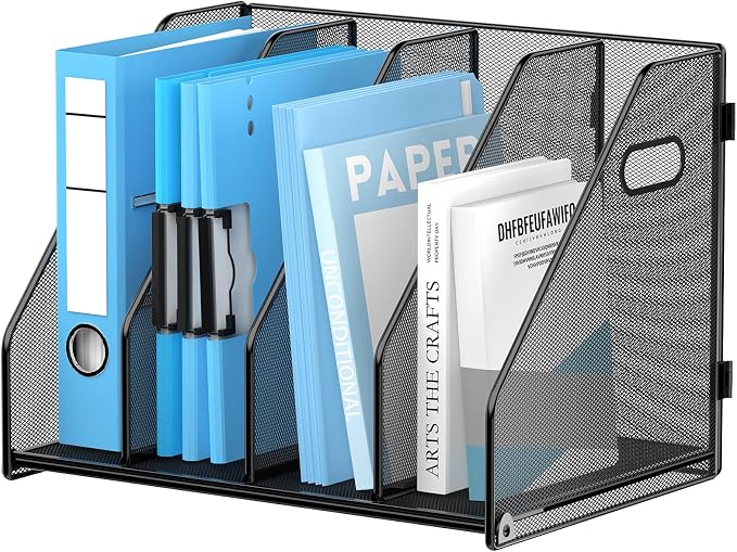 SUPEASY Binder Organizer, Magazine File Holder with 4 Vertical Rack, Black | Metal Desk File Organizer & Binder Holders, Magazine Organizers for Office Desktop, Home, School, Classroom