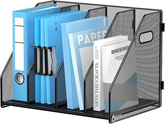 SUPEASY Binder Organizer, Magazine File Holder with 4 Vertical Rack, Black | Metal Desk File Organizer & Binder Holders, Magazine Organizers for Office Desktop, Home, School, Classroom
