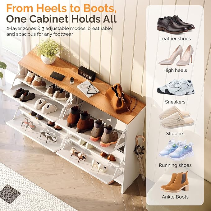 VINGLI Shoe Cabinet for Entryway, Slim Shoe Storage Cabinet with 4 Flip Drawers & Oak Top, Modern Hidden Shoe Rack Organizer, Narrow Shoe Cupboard for Hallway, White, 42 Inch