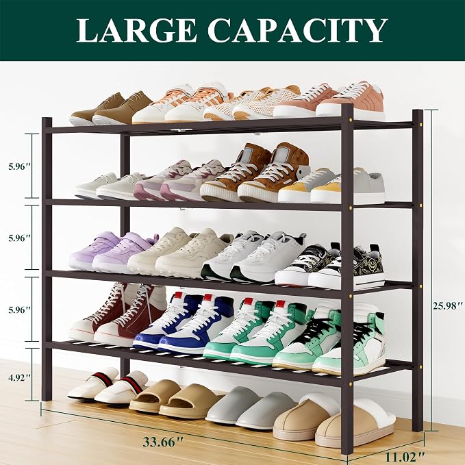 Smiry Bamboo Shoe Rack, 12 Vertical Slats, 4 Tier - 33.7" Wide, Brown | Stackable Free Standing Wooden Shoe Organizer, Wood Shoe Storage Shelf for Closet, Entryway