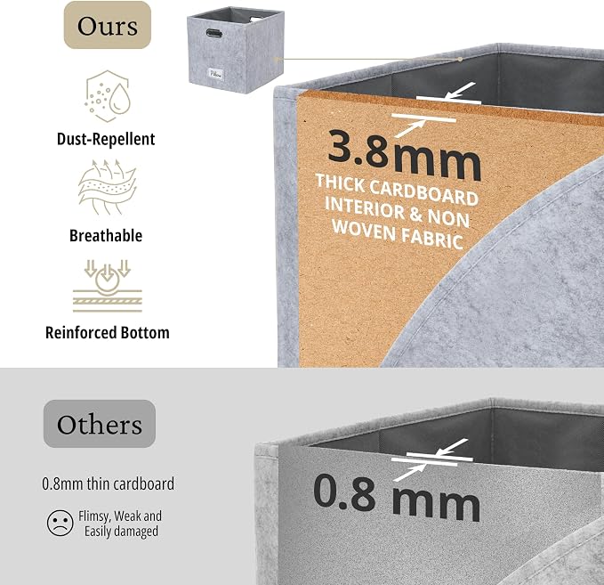 DECOMOMO Felt Storage Bins, 13x15x13 Storage Cube Bins with Labels | 4 Pack Storage Baskets for Shelves, Kallax (Light Grey)