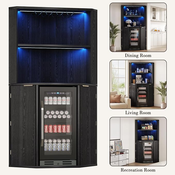 kepptory 71" Extra Large Triangle Corner Bar Cabinet with Mini Fridge Space | Full RGB LED Liquor Cabinet with Wine Glass Rack, Oversized Fluted Storage Buffet for Living Room Kitchen