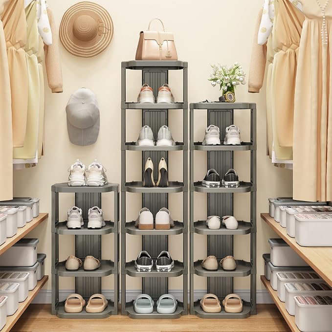 Kitstorack 8-Tier Vertical Plastic Shoe Rack, Freestanding Stackable Shoe Storage Organizer Cubes Shoe Shelf Tower or Small Closets and Tight Spaces, Gray