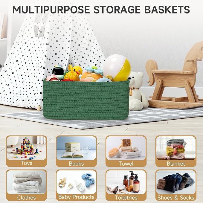 3-Pack Storage Baskets for Organizing | Woven Shelf Toy Basket | Rope Baskets for Gifts Empty | Closet Organizer Bins with Handles | Cube Decorative Box | 13.7×7.1×6.7” | Dark Green