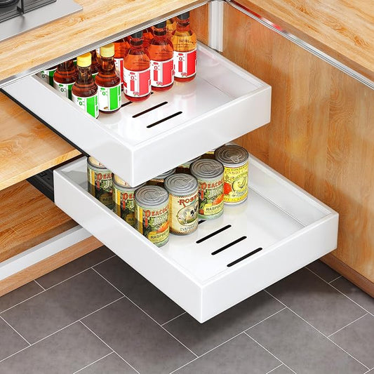 2Pack Pull out Cabinet Organizer, 21"Deep, Heavy Duty Full-extension Slide out Drawers for Kitchen Cabinet, Roll out Shelf Storage with Nano Adhesive for Pots,12"W x 21"D x 3.1"H, White