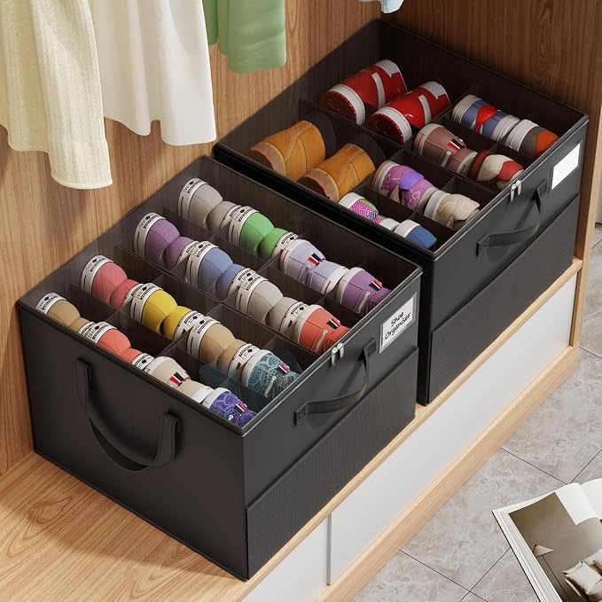 Large Reinforced 2 Pack Shoe Organizer for Closet with Adjustable Dividers | Customizable Compartments for Sneakers, Boots, Heels, Sandals, Clothes, Towels and Toys, Versatile Cube Storage Organizer