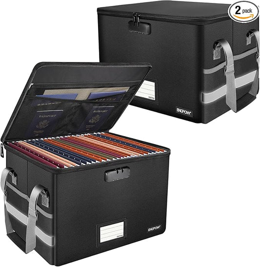ENGPOW File Box with Lock, Fireproof Document Box with Pockets, Collapsible File Organizer Filing Storage Cabinet with Handle, Portable Home Office Safe for Hanging Letter/Legal Folders,Black,2 Pack