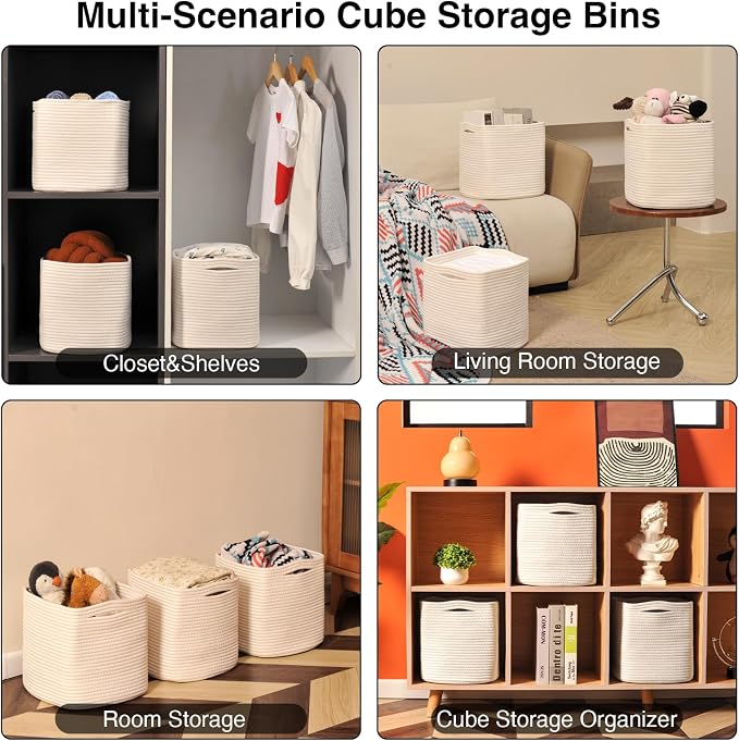 ICERZCZ 11 Inch Cube Storage Bins, Organizer Bins, Woven Cotton Rope Baskets for Storage, Storage Baskets for Organizing Shelves, White Basket for Toys, Off White (Pack of 3)