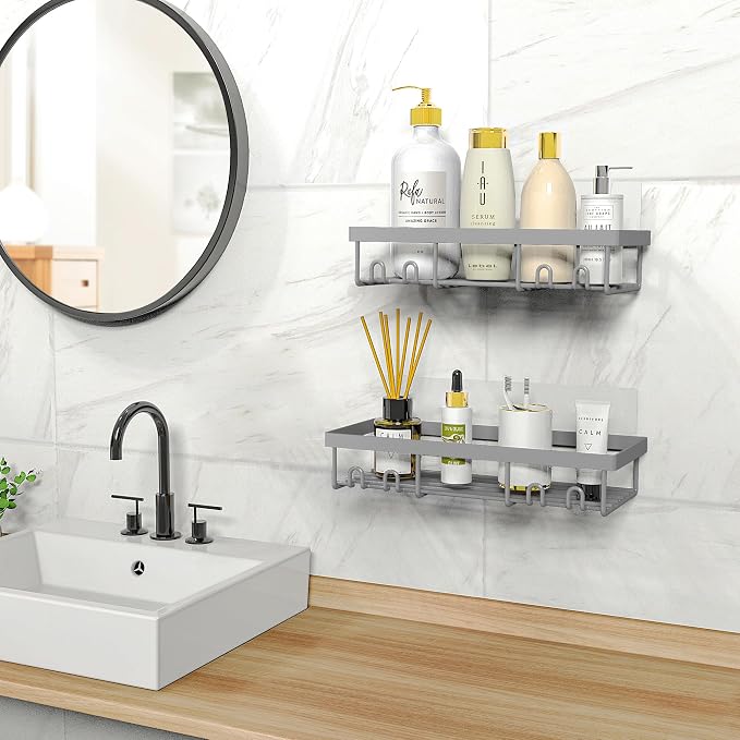 Moforoco Shower Caddy Shelf Organizer Rack, Self Adhesive Black Bathroom Shelves Basket, Home Farmhouse Wall Inside Organization and Storage Decor Rv Accessories, First Camper Apartment Essentials