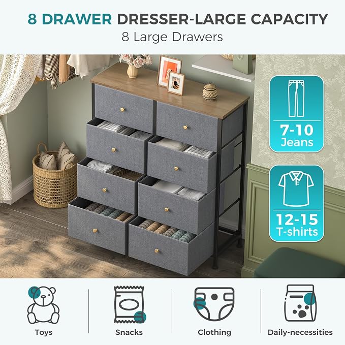 OLIXIS 8 Drawer Storage Dresser for Bedroom, Closet Organizers Units | Fabric Dresser with Wooden Top, Chest of Drawers Clothes Storage, Tower Cabinet, TV Stand Furniture, Gray Blue