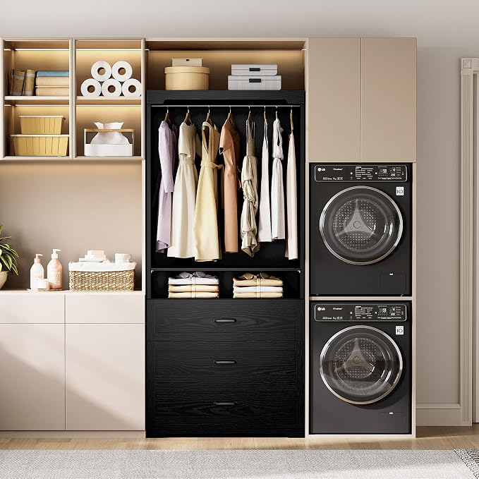 IRONCK Freestanding Closet System with Adjustable Shelves & 3 Drawers | Modern armoire wardrobe with adjustable shelves & hanging rod, walk-in closet organizer for small spaces, space-saving design