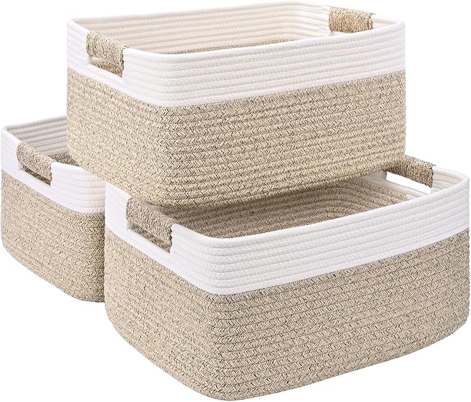 3 Pack Large Storage Basket for Organizing, 17.5"x13"x7" Woven Basket for Shelves, Closet Cube Storage Bins with Wrapped Handle, Cotton Rope Baskets for Kitchen, Clothes, Toys(Off White & Brown)