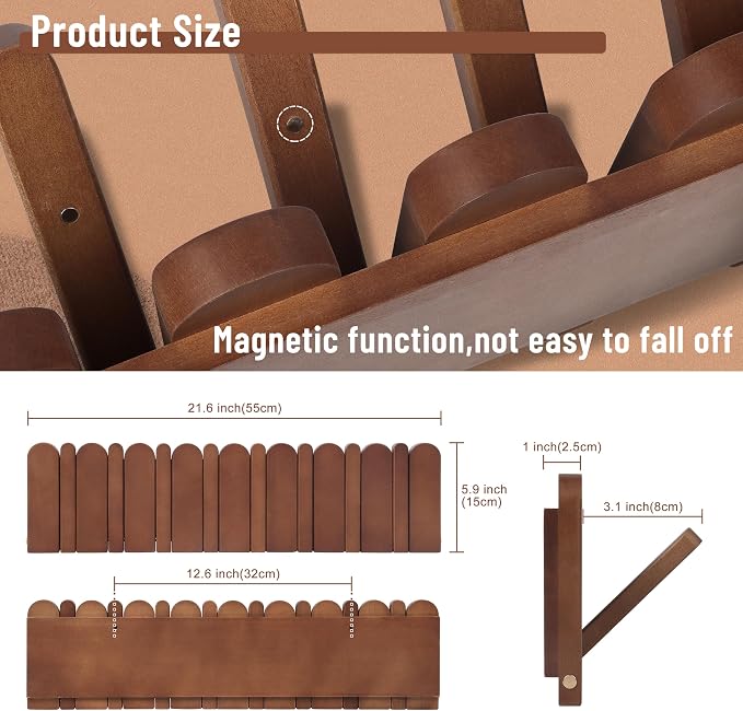 Wall Coat Rack for Entryway: Folding Wood Modern Heavy Duty 8 Hooks | 21.6'' Wall Mounted for Mid Century Home Decor Bathroom Bedroom Hallway for Hanging Towel Jacket Backpack Bag