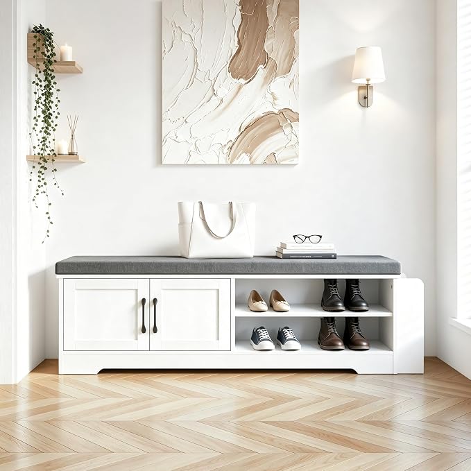 GRUSIGN 47.3" Shoe Storage Bench with Cushion, Entryway Shoe Cabinet, White | 3-in-1 Shoe Storage Bench, 47.3", Adjustable Shelves, Removable Cushion, 300 lbs Capacity, Entryway, Apartment, Families