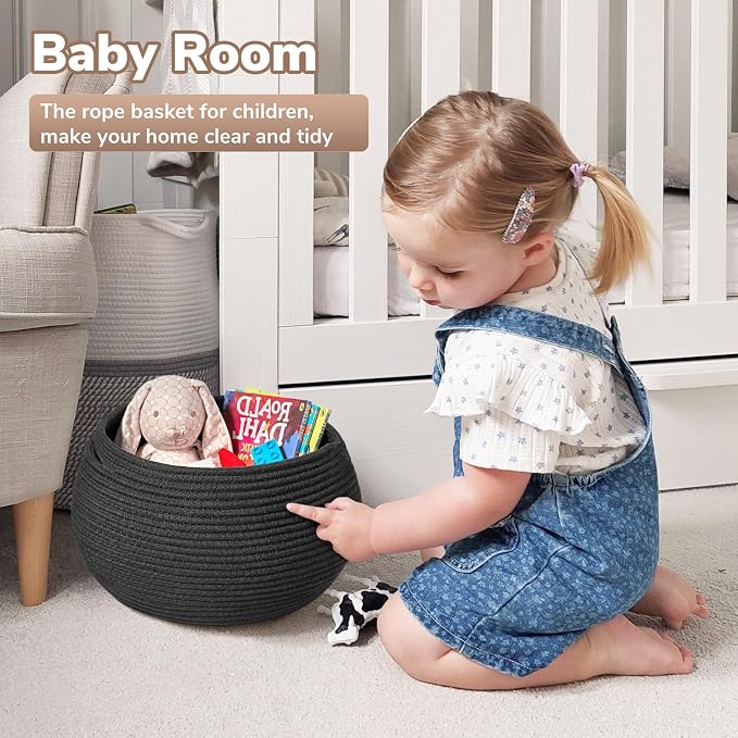 Goodpick Round Woven Storage Basket for Shelves, 12.5" x 8.3", Black | Small Rope Basket with Handles, Holds Blankets, Toys & Nursery Essentials, Decorative Basket for Living Room & Home Décor