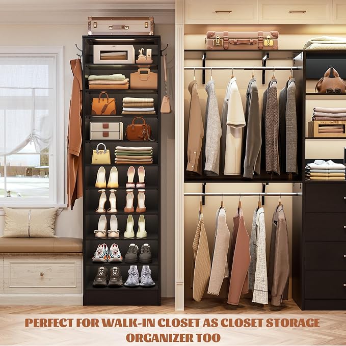 Aheaplus Tall Shoe Cabinet, 10 Tiers Narrow Wood Shoe Rack, Shoe Storage Organizer with Open Storage, Vertical Shoe Shelf Tower for 20-22 Pairs, Space Saving, for Closet, Entryway, Bedroom, Black