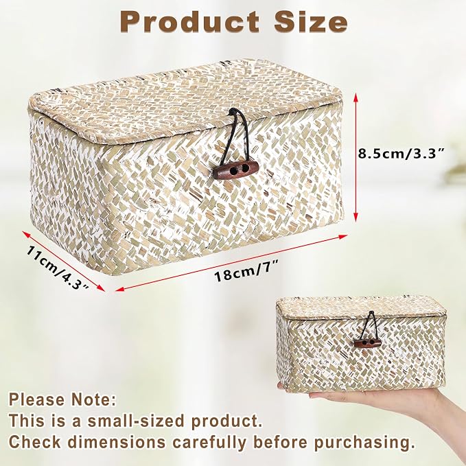 Hipiwe Mini Seagrass Shelf Basket with Lid Decorative Woven Box, 7x4.3x3.3" | Wicker Storage Bins for Shelf Home Decor, Multipurpose Desktop Basket Organizer for Keys Remote Control, Whitewash