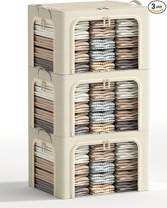 3 Opeings Large Clothes Storage Bins with Metal Frame, Foldable Storage Bin for Clothes, Clothing Storage Bins with Lid, Linen Storage Box With Clear Window＆ Zippers＆ Durable Handles.(3 Pcs,Beige,66L)