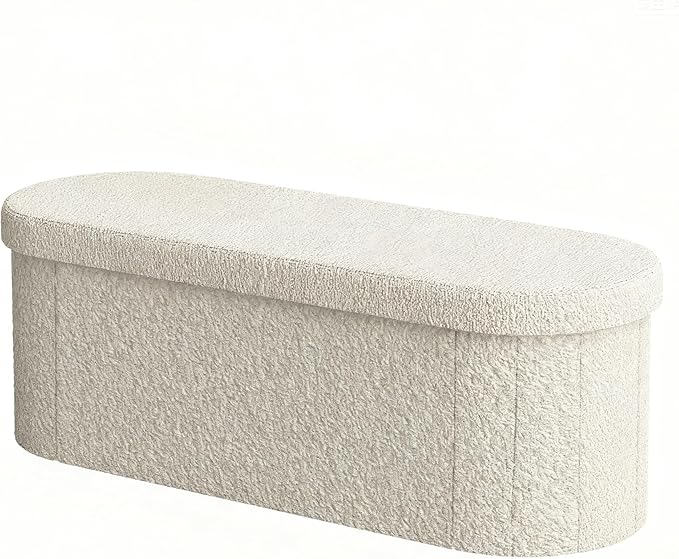 GLAXYFUR Oval Ottoman with Storage for Living Room, Sherpa Bench, Beige | 43.3 Inches Folding Chest, Foot Rest, End of Bed Bench for Bedroom, Hallway