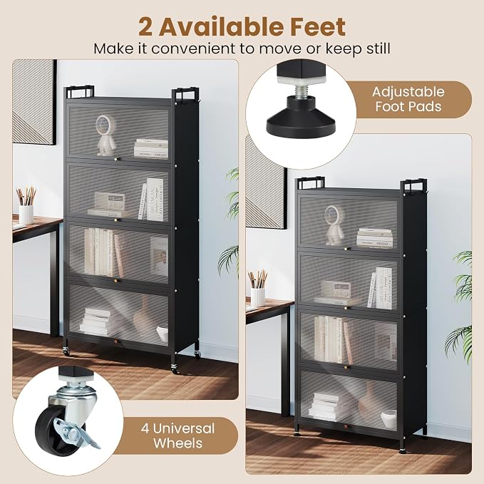 Giantex 5-Tier Kitchen Storage Cabinet, Freestanding Metal Baker's Rack w/4 Flip-up PC Doors, 4 Hooks, Adjustable Feet & Rolling Wheels, Mobile Microwave Stand for Dining Room, Living Room (Black)