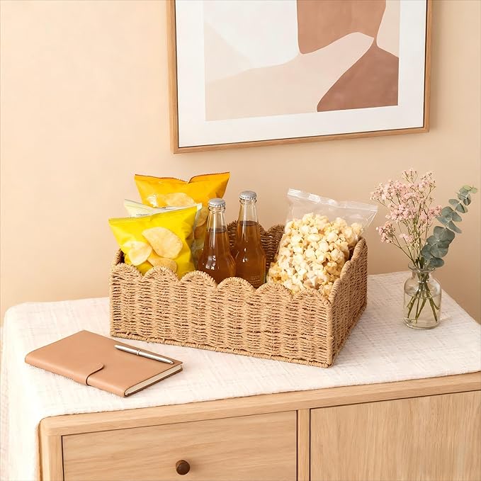 Scalloped Basket, Wicker Storage Baskets, Hand Woven Baskets for Shelves,Natural Baskets for Organizing (S+M)