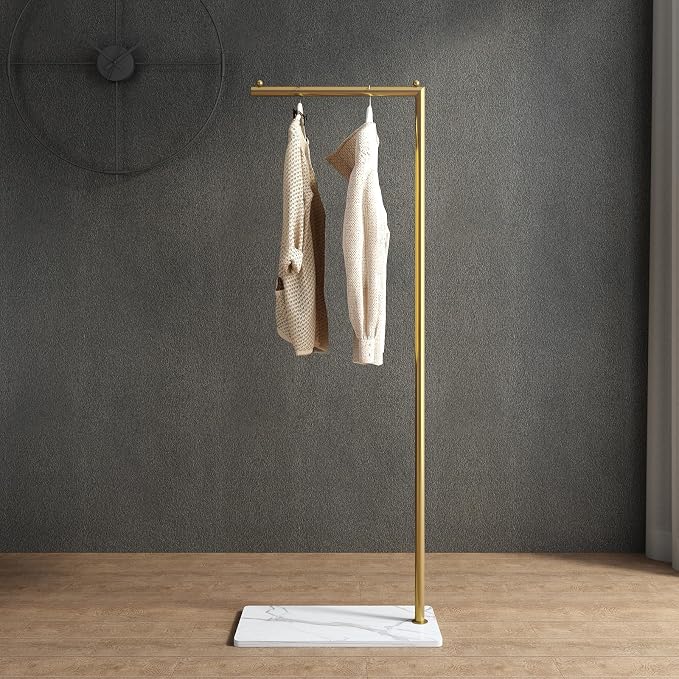 Gold clothing rack with Marble Base,Modern clothes racks for hanging clothes,7-shaped coat rack Freestanding Small garment rack Clothes Hanging Rack for Small Space,Bedroom or cloakrooms