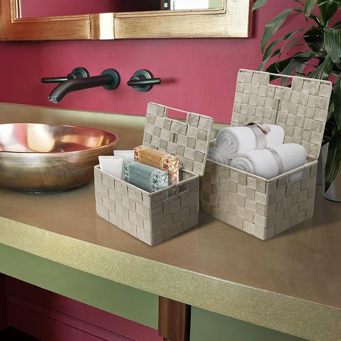 Sorbus Set of 3 Storage Baskets for Organizing with Lid – Mesh Hand-Woven Baskets for Closet, Shelf & Home Storage (Beige, Variety Pack)