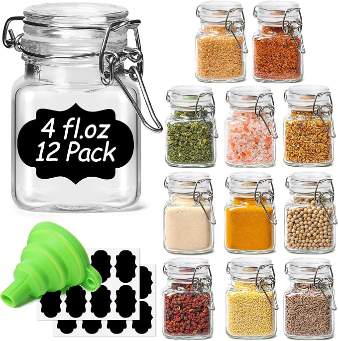 ComSaf Square Small Glass Spice Jars with Airtight Lids 4 oz 12 Pack Pantry | Honey herbs, Farmhouse pantry organization, Mini favor jars, Labels included, Funnel included, Kitchen storage, Snacks