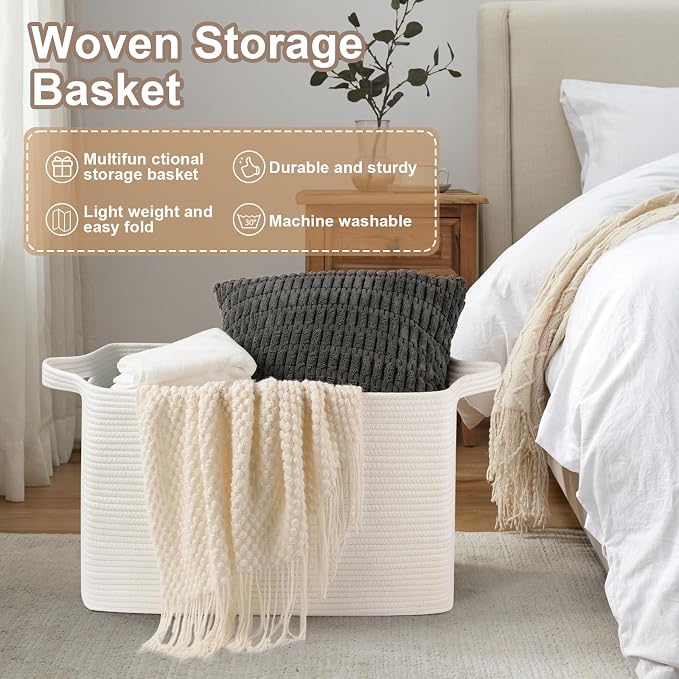 OIASKET 95L Extra Large Blanket Basket, 24" x 16.9" x 14.2" Woven Storage Basket for Living Room, Rectangle Nursery Blanket Storage for Toys, Towels, Dirty Clothes (White)