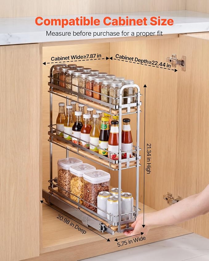 VEVOR Pull Out Spice Rack Organizer for Cabinet, 3 Tier Slide Out Spice Rack Organizer, Height Adjustable Heavy Duty Metal Seasoning Kitchen Basket for Cabinets, 5.75" W x 20.98" D x 21.34" H, Silver
