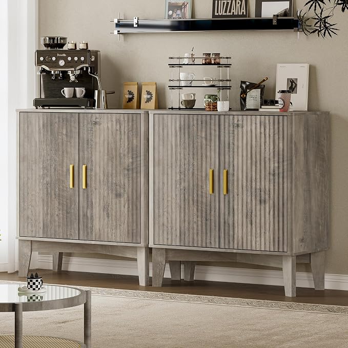 BORNOON Storage Cabinet with Doors and Adjustable Shelf, Modern Fluted Sideboard Buffet Cabinet, Freestanding Coffee Bar for Kitchen, Pantry, Entryway, Living Room (Weathered Gray)