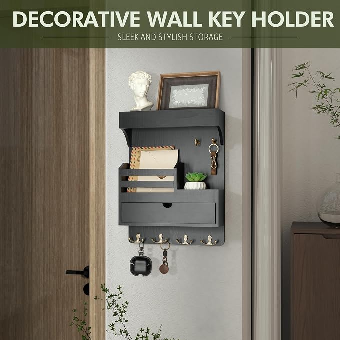 Rebee Vision Key Holder Wall Mount with 6 Key Hooks for Home Decor, Black | Pine Wood, Key and Mail Holder for Wall, Mail Slot for Letters & Bills, Spacious Drawer Organizer, Apartment Storage
