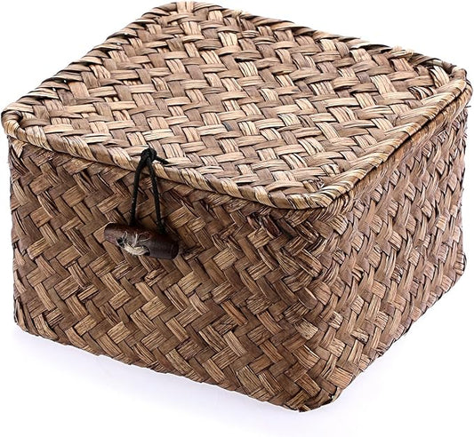 Hipiwe Seagrass Basket Bin with Lid X-Small Handwoven Wicker Storage Basket | Square Decorative Baskets Box for Shelf Multipurpose Household Baskets Organizer for Home Decor