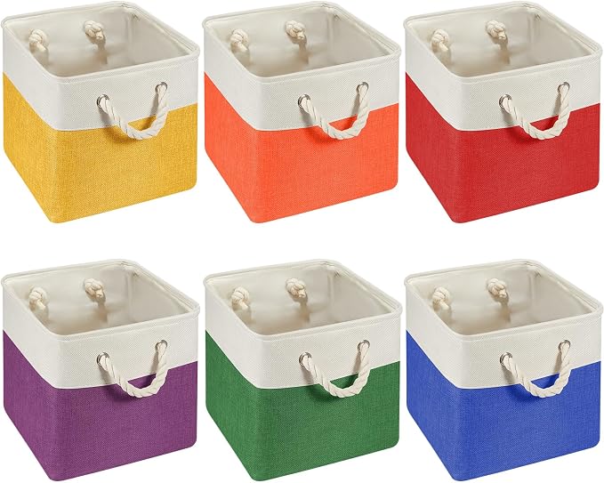 Geiserailie 6 Pcs 11 x 11 Inch Cube Storage Bins Fabric Storage Organizer Bins Foldable Cube Baskets with Sturdy Carry Handles Wicker Baskets for Home (Primary Colors)