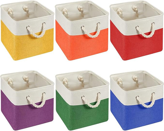 Geiserailie 6 Pcs 11 x 11 Inch Cube Storage Bins Fabric Storage Organizer Bins Foldable Cube Baskets with Sturdy Carry Handles Wicker Baskets for Home (Primary Colors)