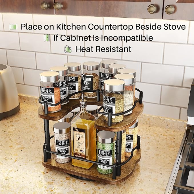 Lazy Susan Organizer Spice Rack - Spice Organization for Cabinet Height Adjustable Rotating Lazy Turntable, Pantry Kitchen Wood Revolving Seasoning Organizer (Vintage, 9 Inch)