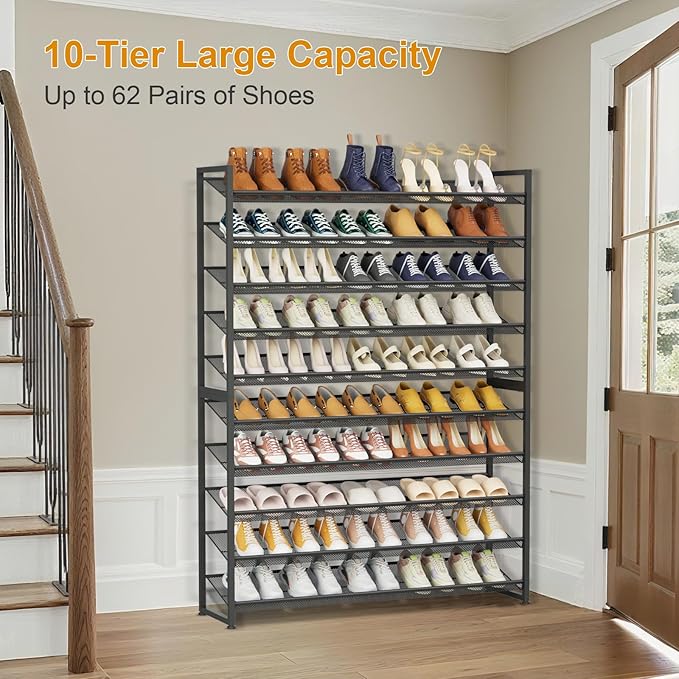 Large Shoe Rack 10 Tier Shoe Organizer, Heavy Duty Metal 5-Tier Stackable Shoe Storage Vertical Shoe Rack for Closet Front Door Entrance, Up to 62 Pairs, 44.8" W x 11.4" D x 71.2" H, Black