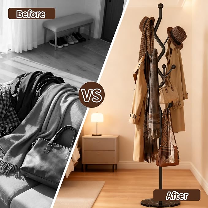 68.9 Inch Tall Modern Coat Rack,Black Freestanding Coat Rack Tree,Heavy-Duty Metal Coat Rack Freestanding with Sturdy Marble Base for Entryway,Hallway,Bedroom,Holds Coats Hats Bags Scarves