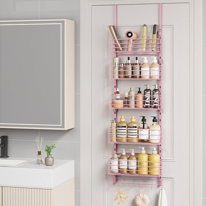 SWTYMIKI Over The Door Organizer - Door Organizer Hanging with 5 Adjustable Metal Large Capacity Basket and 6 Coat Hook, Wall Mounted Shelf for Bedroom Closet Bathroom Laundry Pantry Cabinet Kitchen