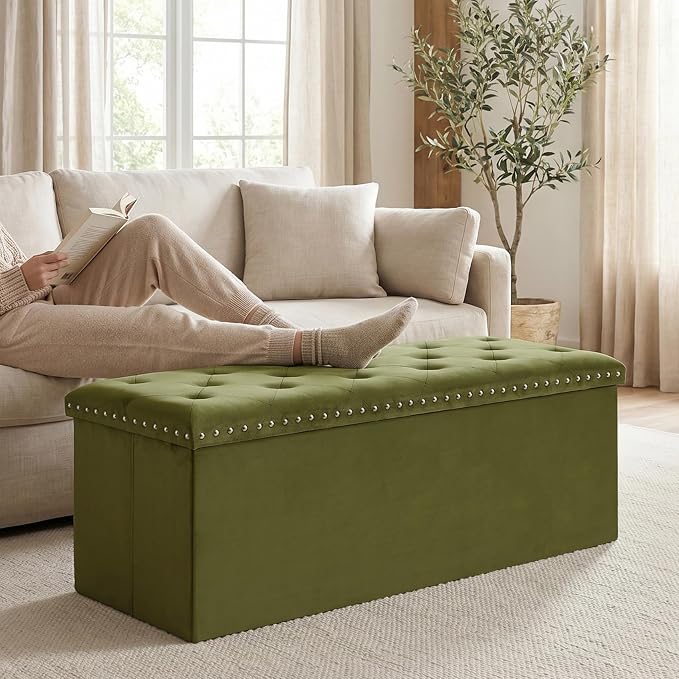 Velvet Storage Ottoman Bench, 43.3" Upholstered Tufted Ottoman with Storage, Folding Footrest Bench for Bedroom, Living Room, or Entryway, Holds up to 660 LBS,Olive