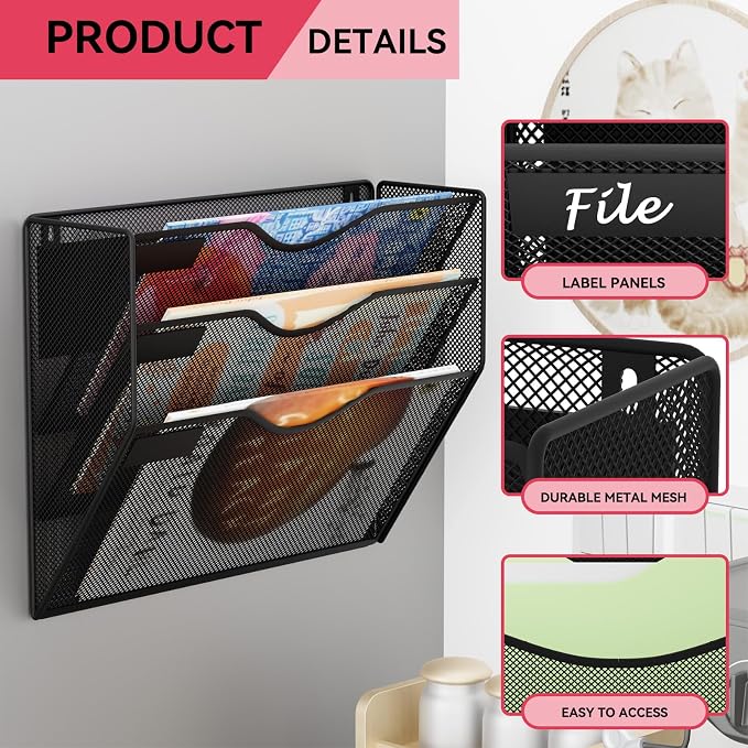3-Tier Magnetic File Holder, No Drilling Wall File Organizer, File Folder Bins, Mail & Magazine Rack, Magnetic Paper Document Holder for Refrigerator File Cabinets Whiteboard, Black