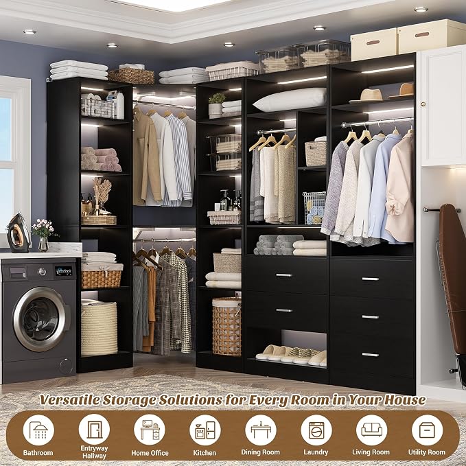 Besiost Corner Closet System with 5 Drawers, Closet Organizer System with 15+Shelvess & 4 Hanging Rods, 63.2"L * 63.2"W / 87.2"L * 39.2"W Reversible L Shaped Walk-in Closets, Load 2500+LBS, Black